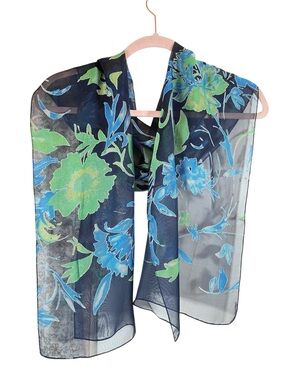 Sheer Silky Scarf Asian Inspired Floral Design